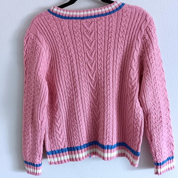 CHANEL Pink Knit Wool Blend Cardigan Button Up Sweater W/Blue White Stripes 40 - Picture 2 of 9
